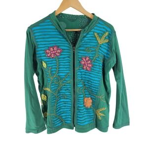 Rising International Green Boho Floral Embroidered Zip Up Cotton Jacket Womens M
